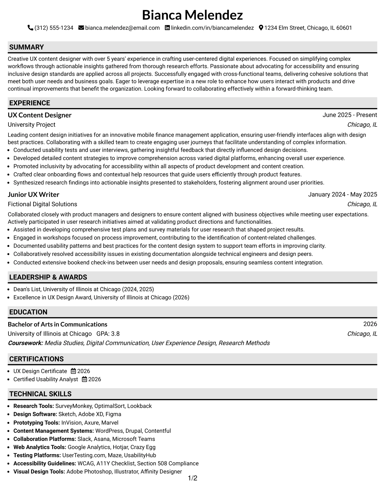 Resume Example Page 1