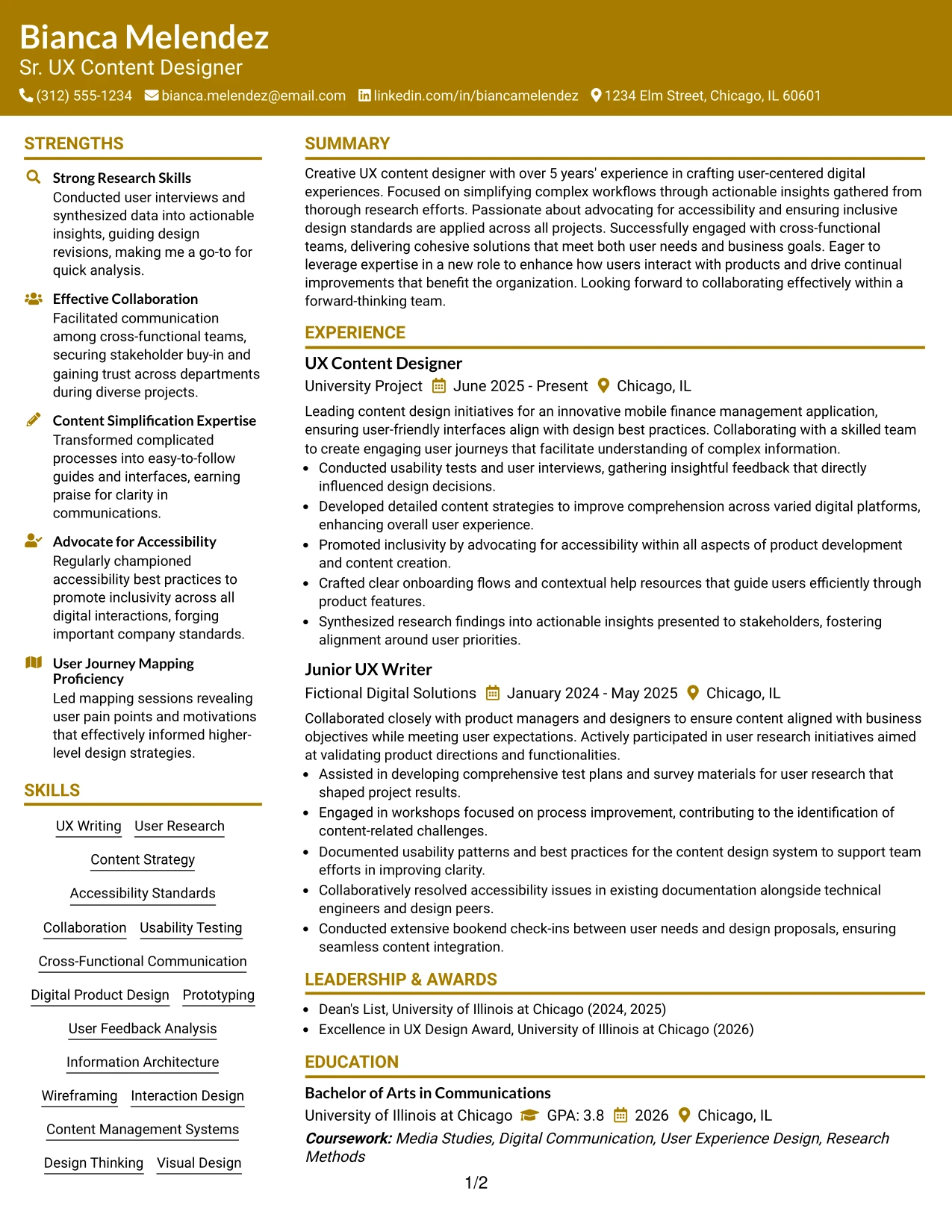 Resume Example Page 1