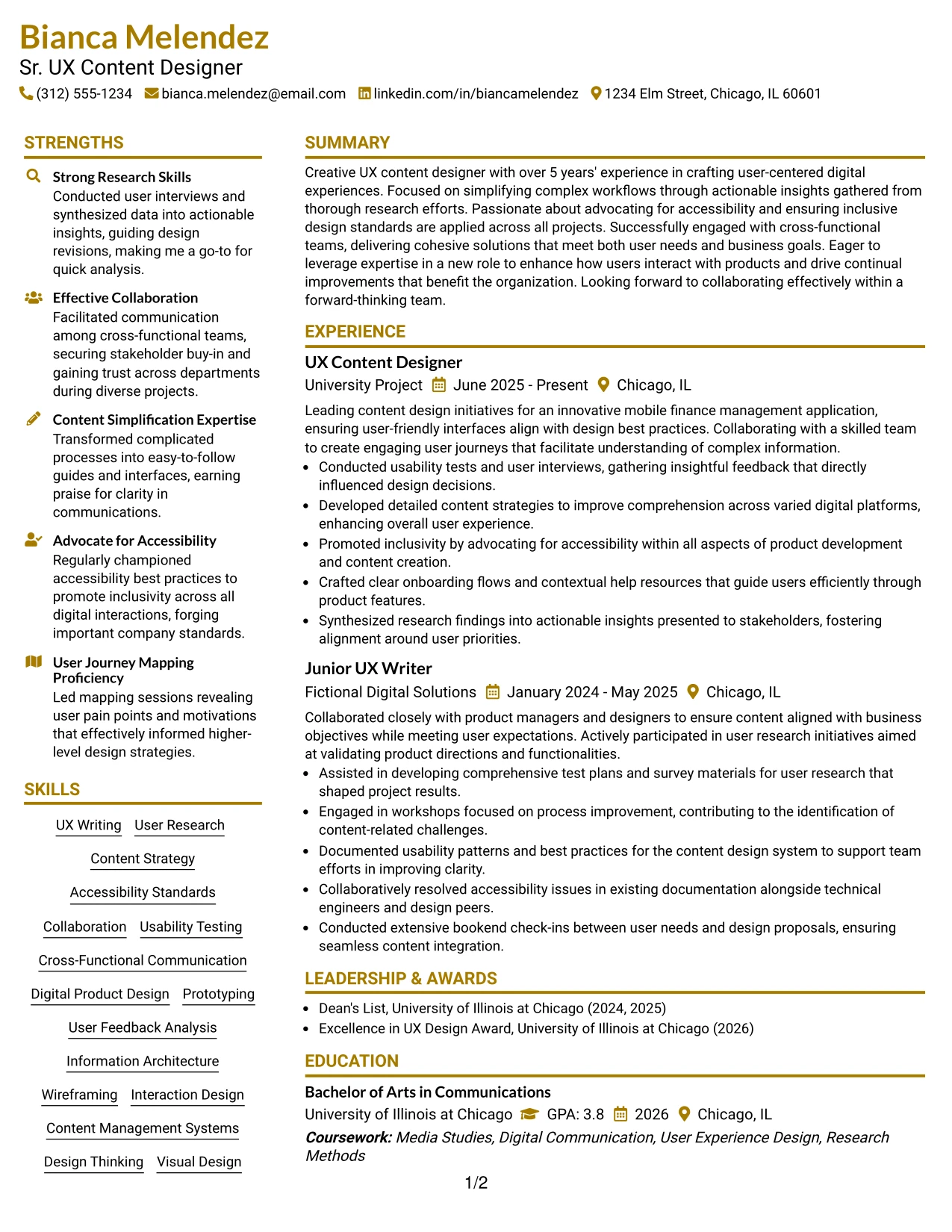 Resume Example Page 1