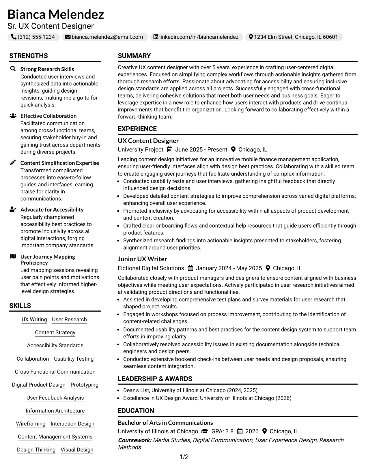 Resume Example Page 1