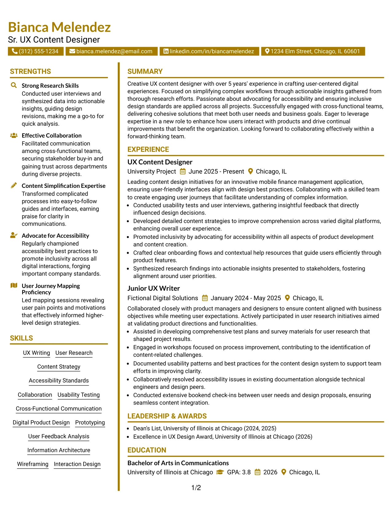 Resume Example Page 1