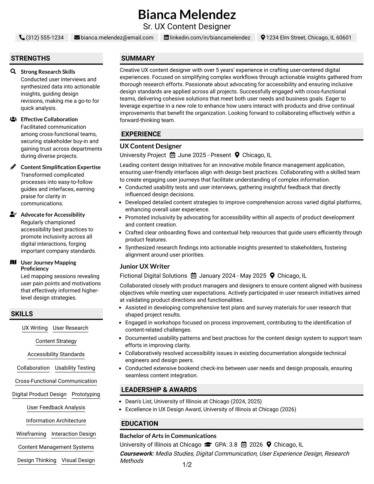 Resume Example Page 1