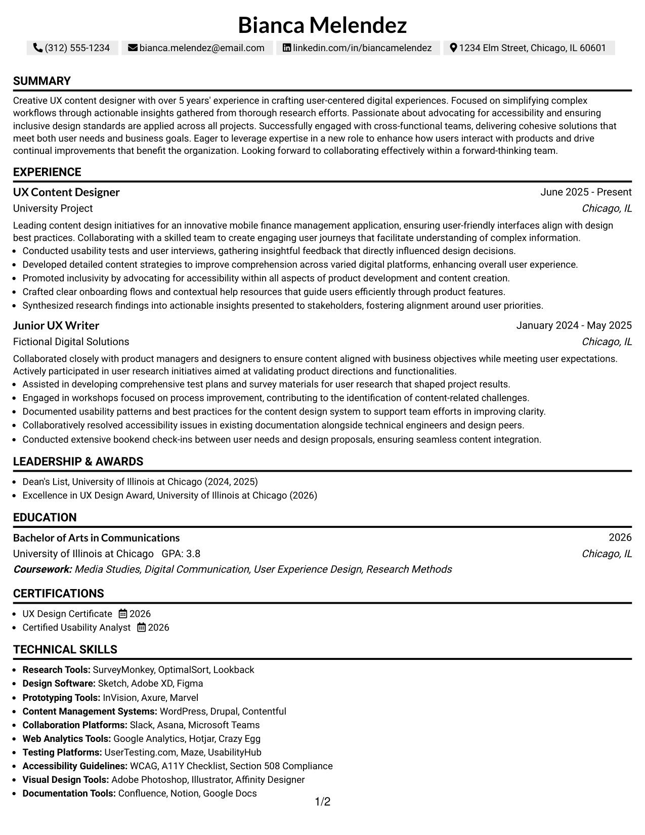 Resume Example Page 1