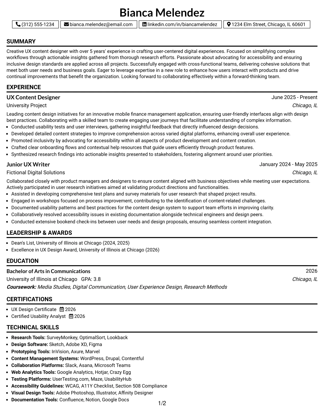 Resume Example Page 1