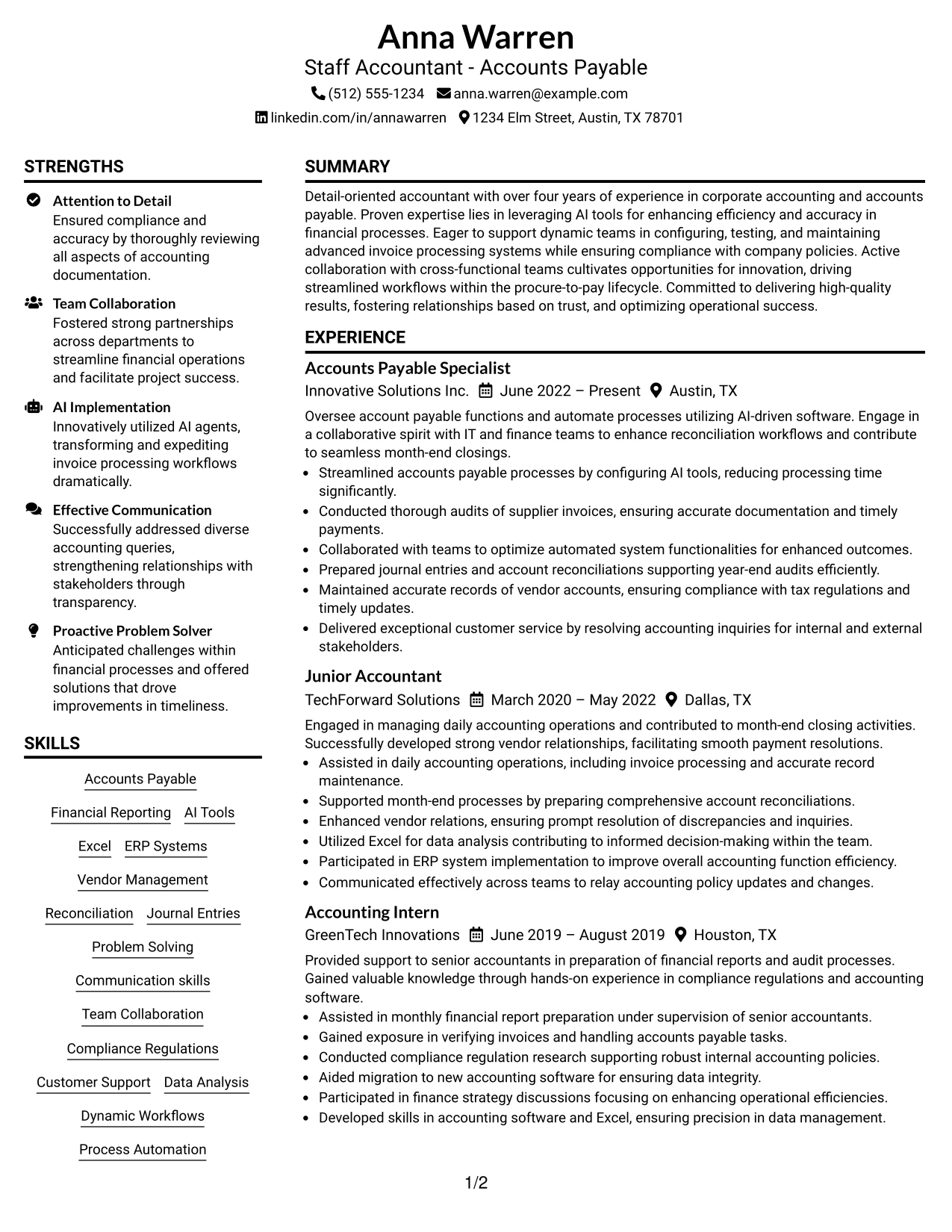 Resume Example Page 1