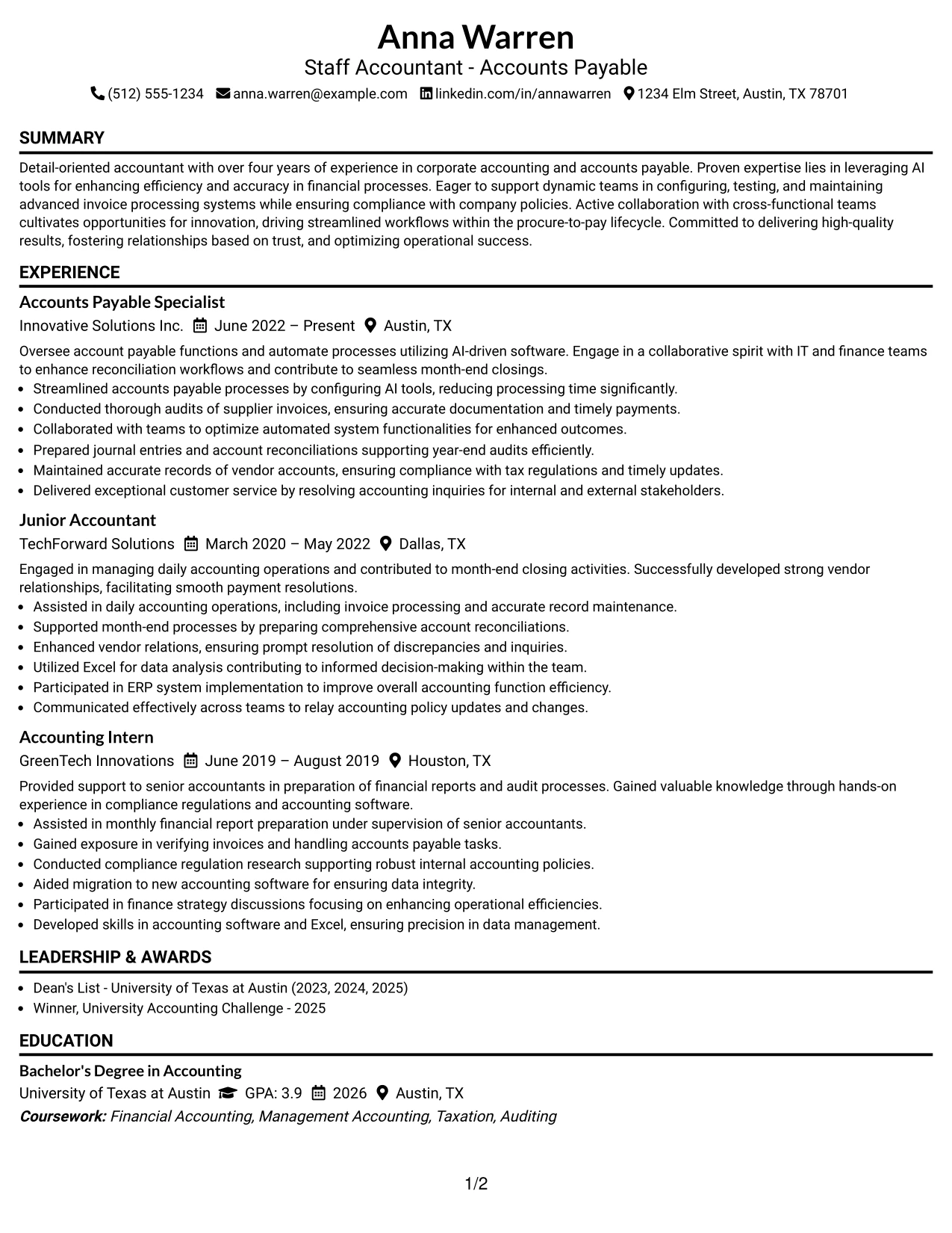 Resume Example Page 1