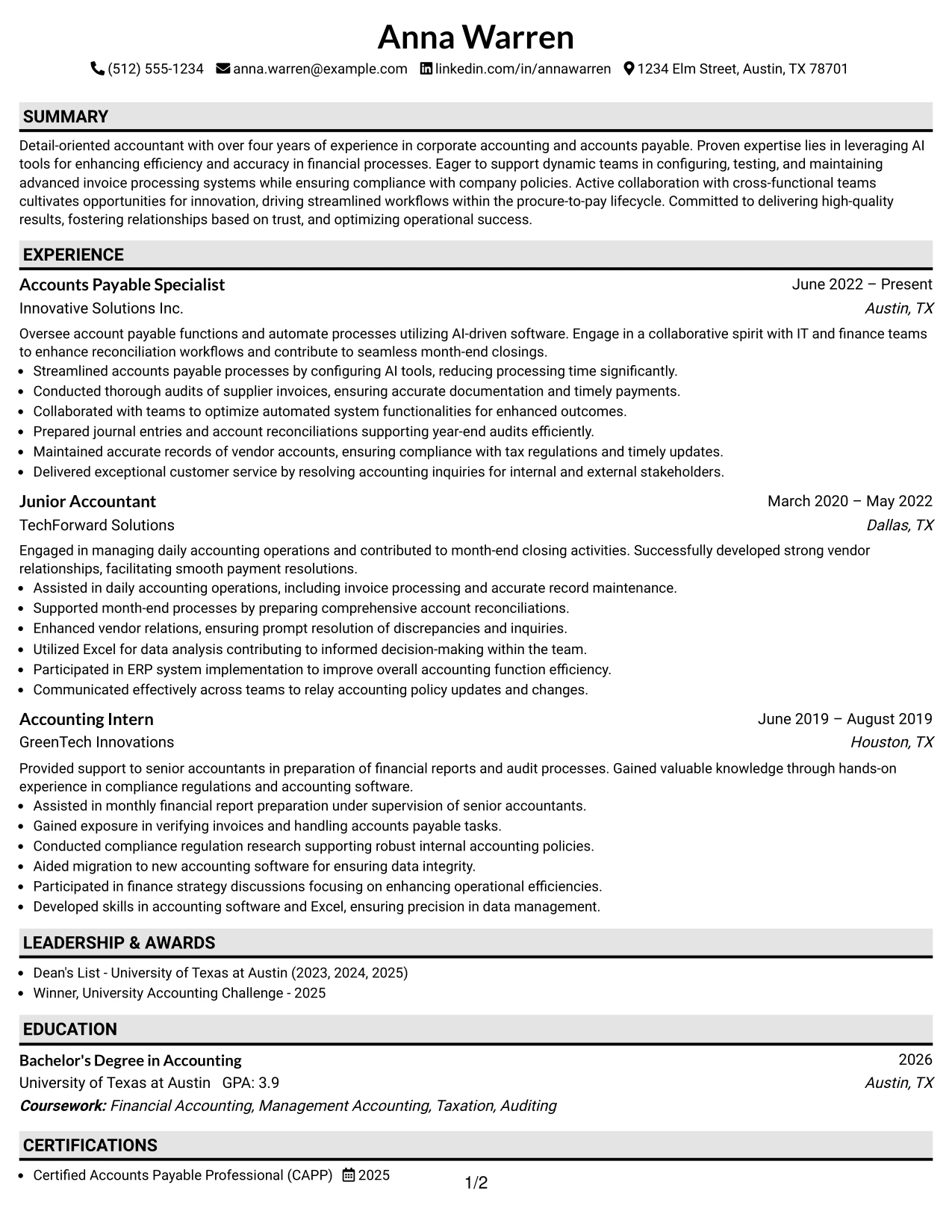 Resume Example Page 1