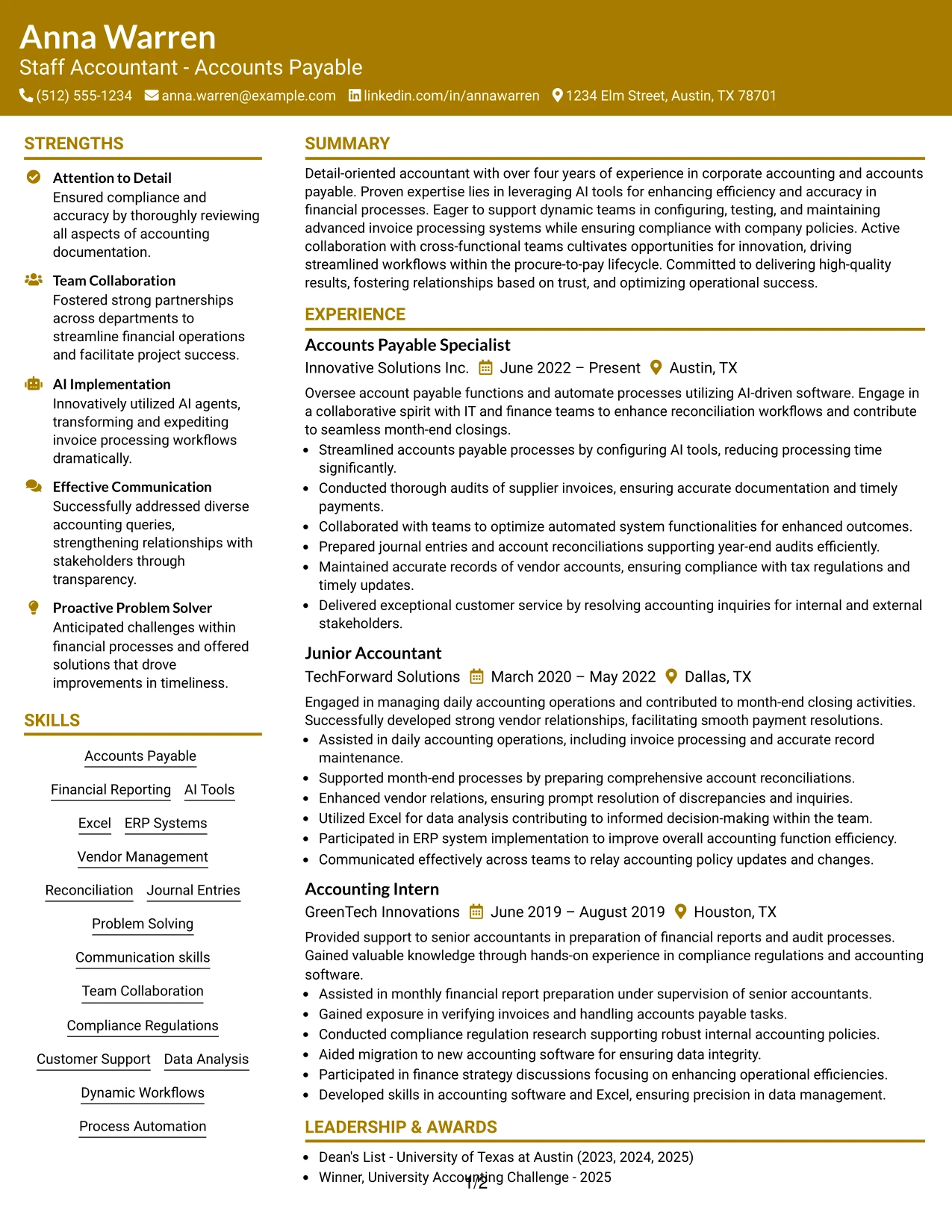 Resume Example Page 1