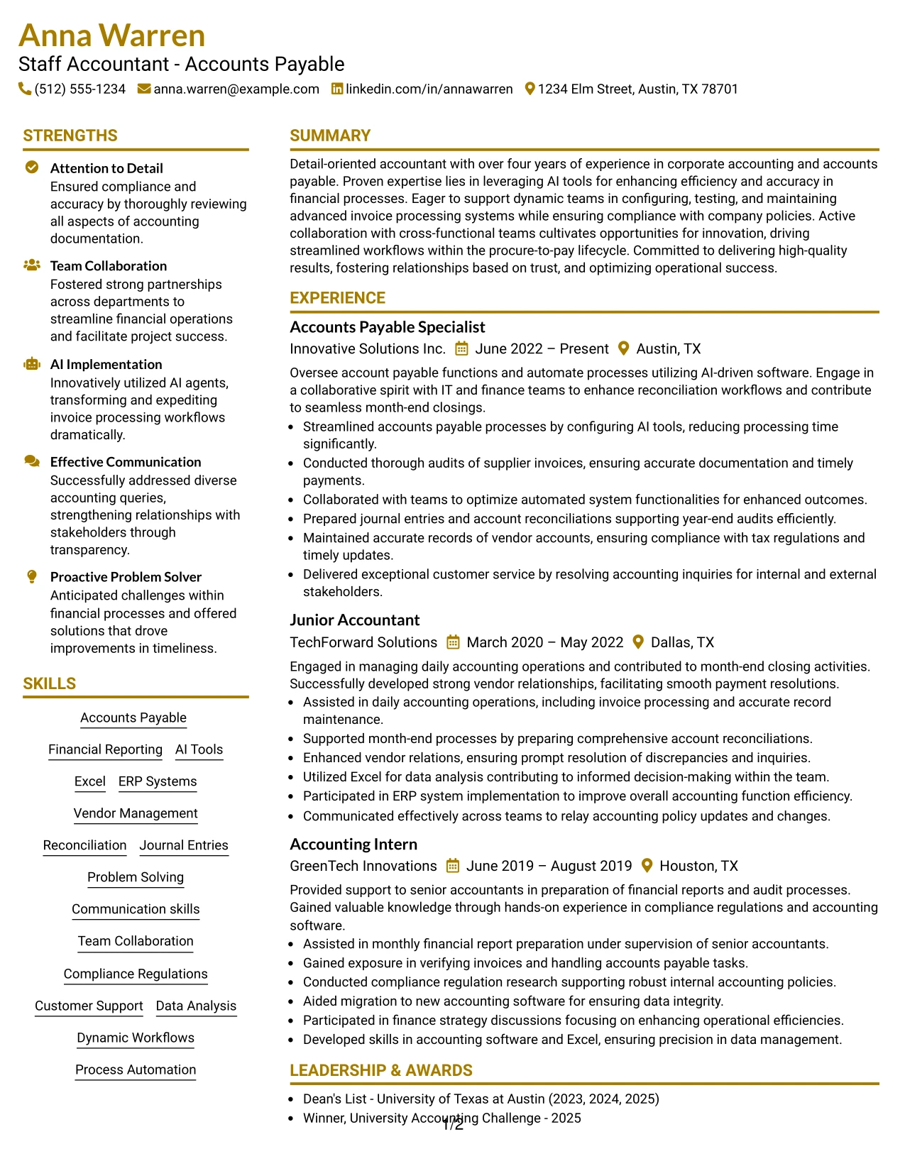 Resume Example Page 1