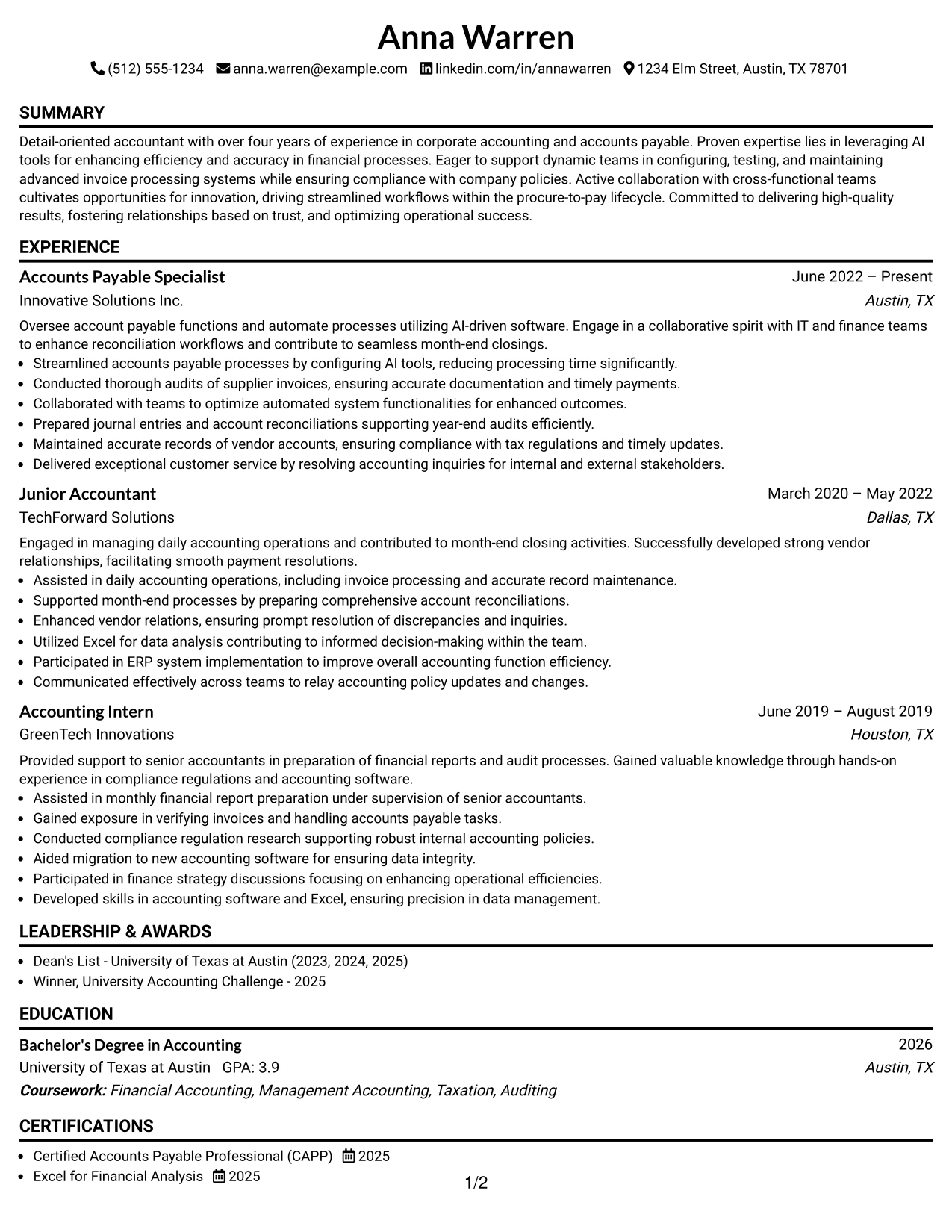 Resume Example Page 1