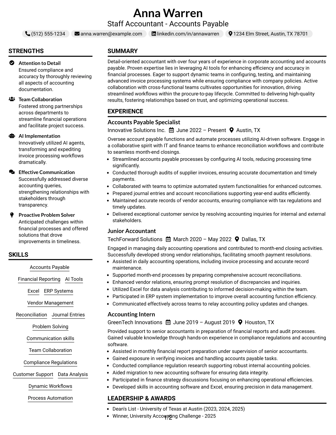Resume Example Page 1