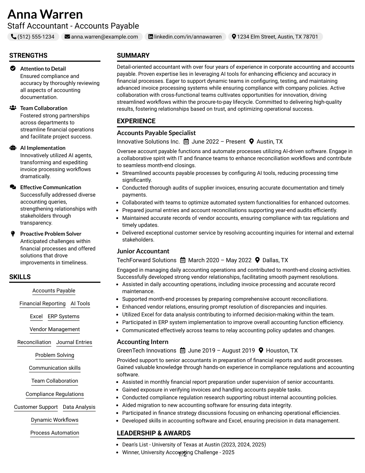 Resume Example Page 1