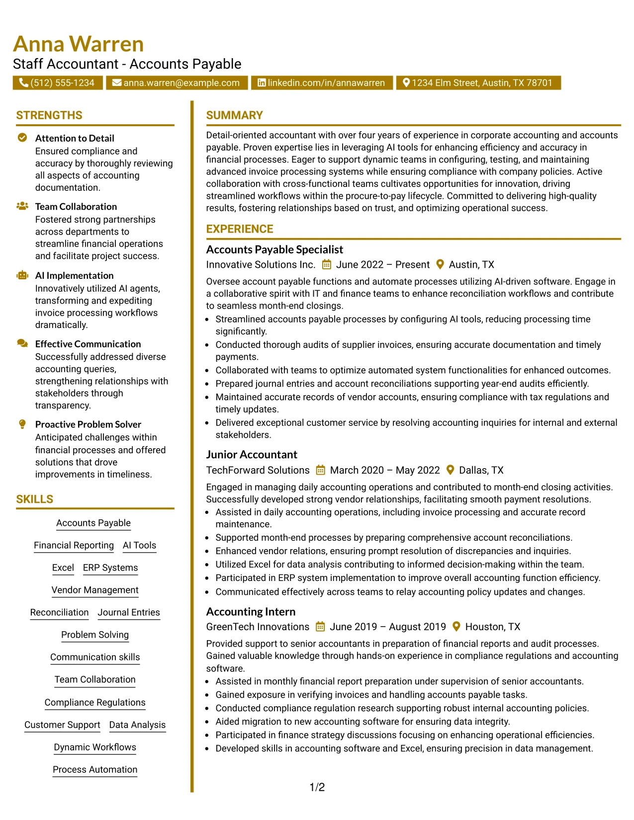 Resume Example Page 1