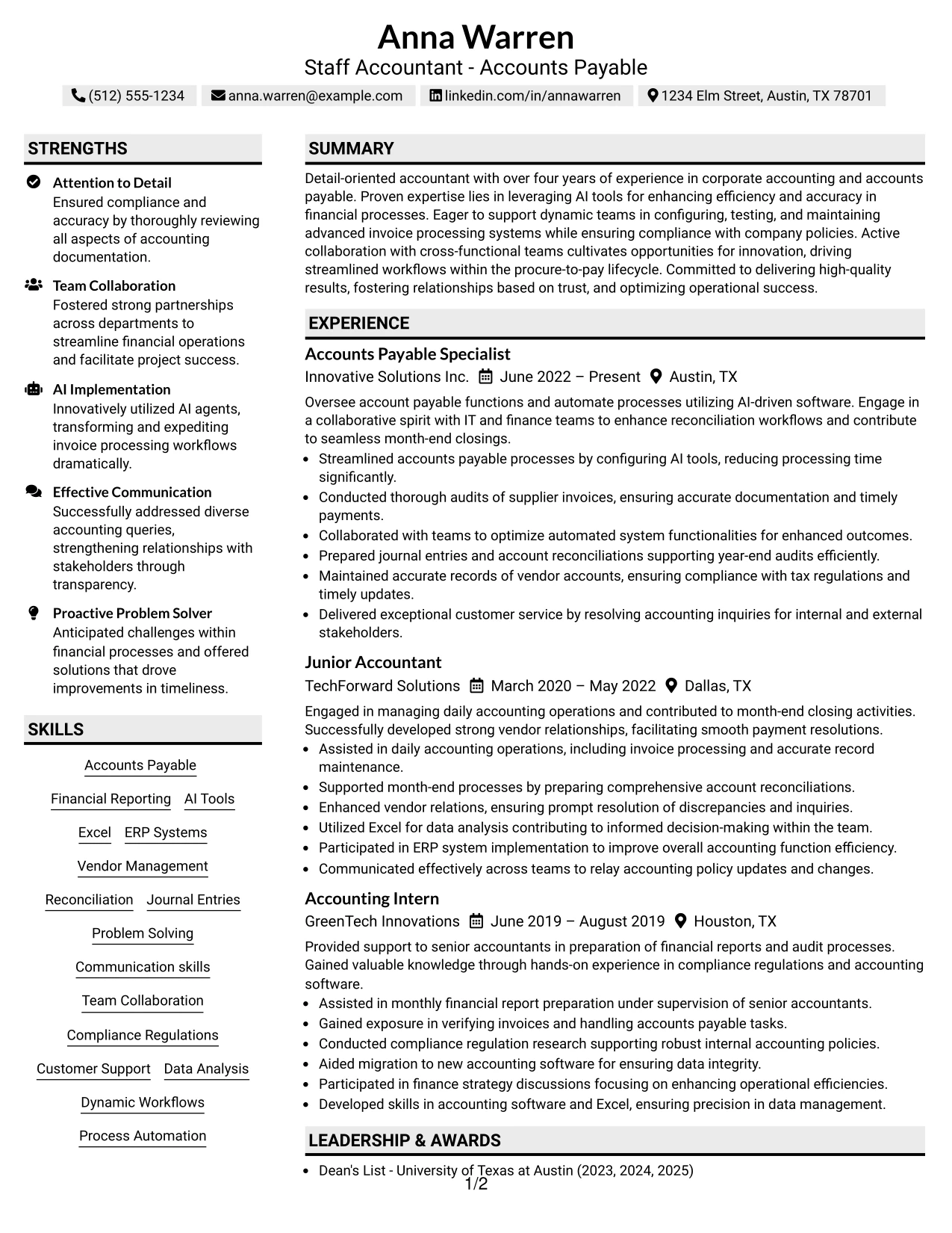 Resume Example Page 1