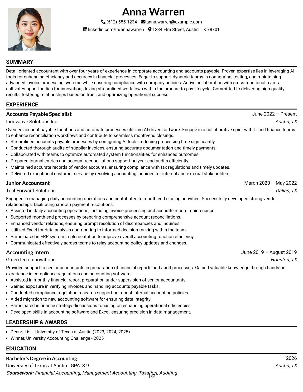 Resume Example Page 1