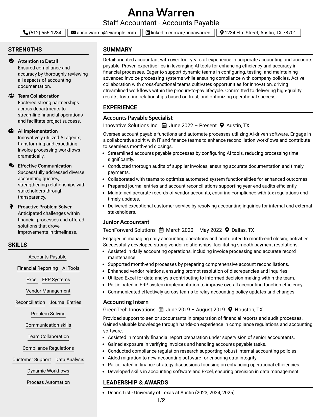 Resume Example Page 1