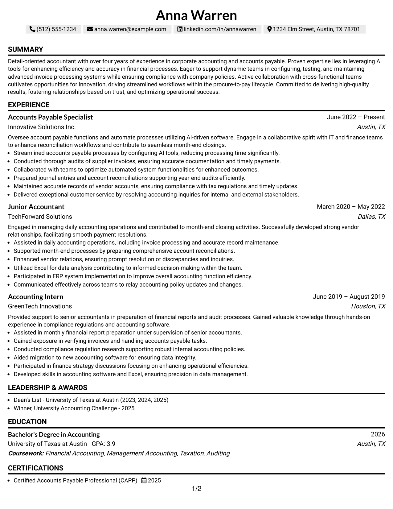 Resume Example Page 1