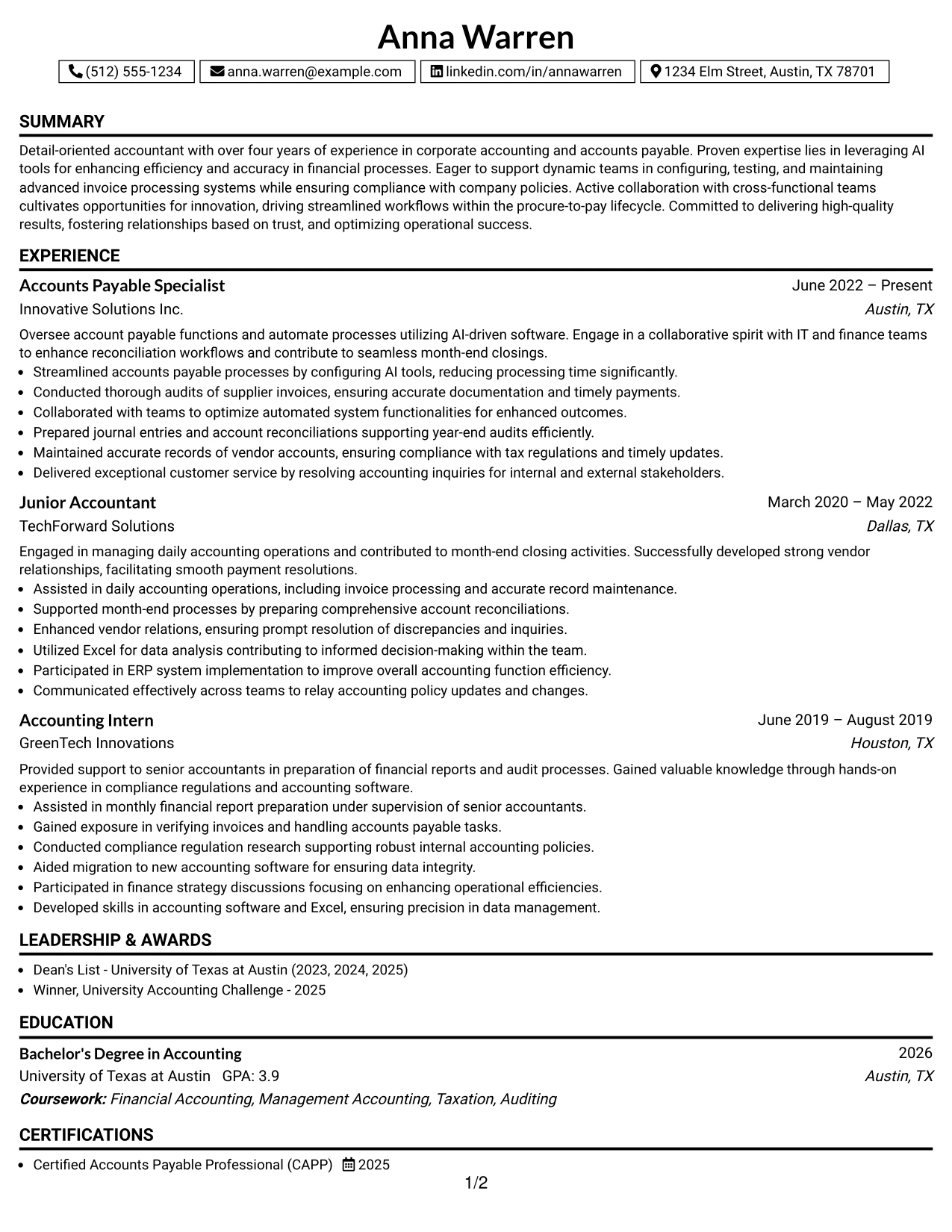 Resume Example Page 1