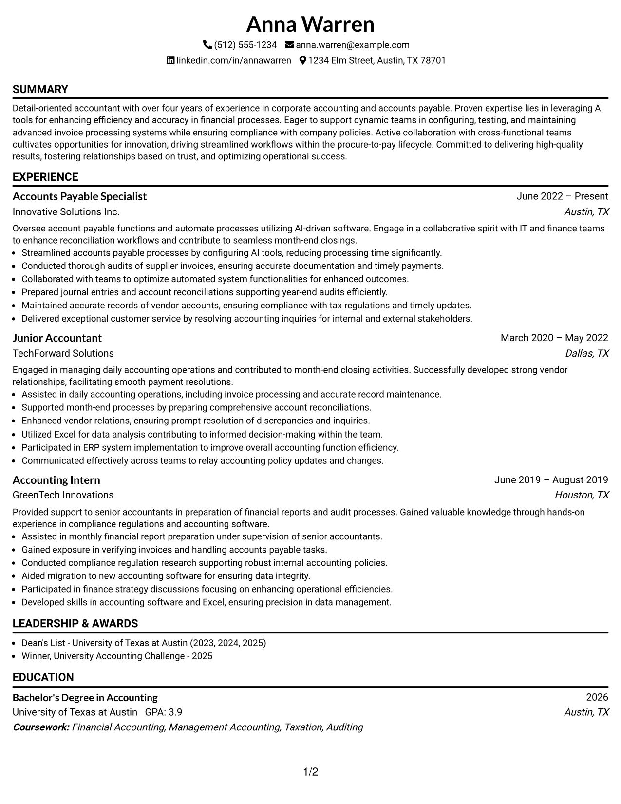 Resume Example Page 1