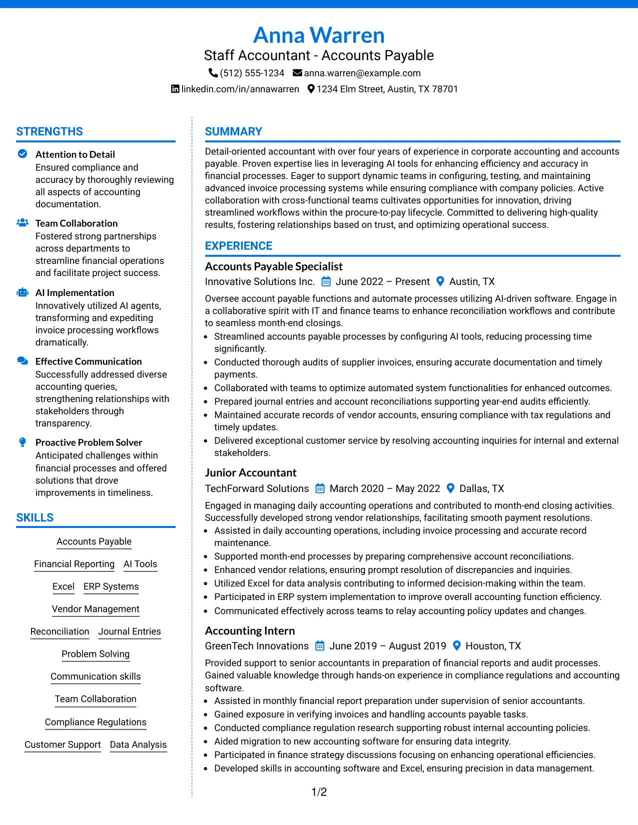 Resume Example Page 1