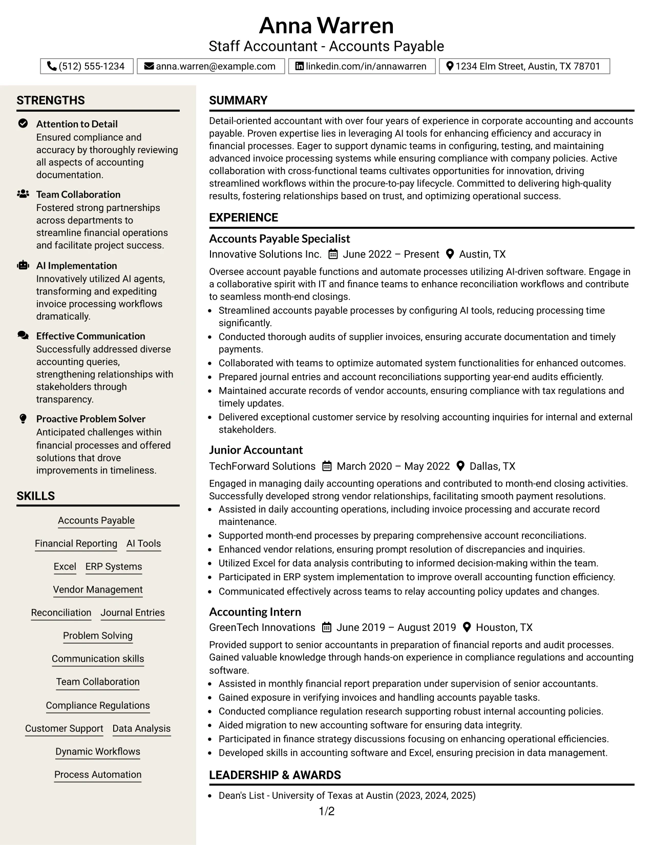Resume Example Page 1