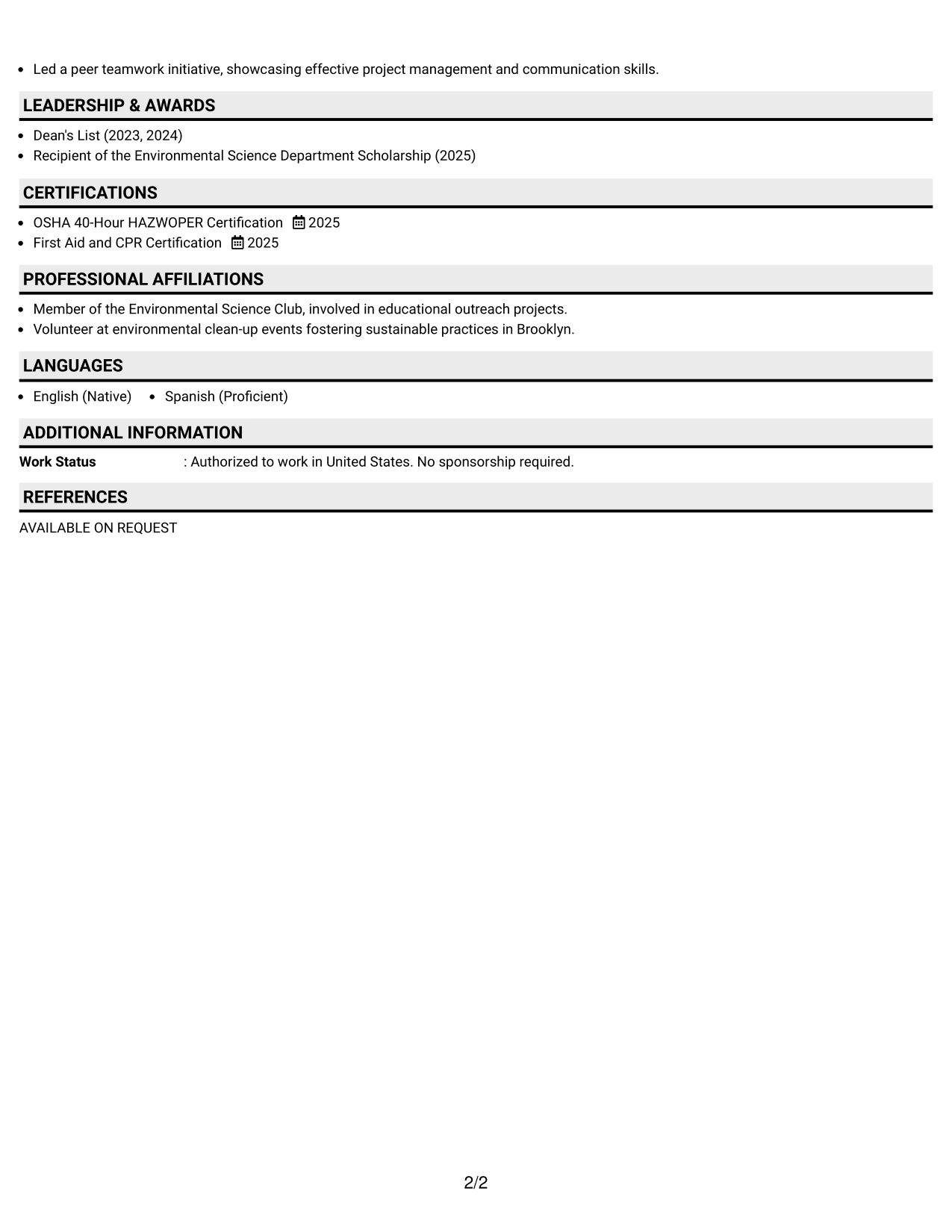Resume Example Page 2