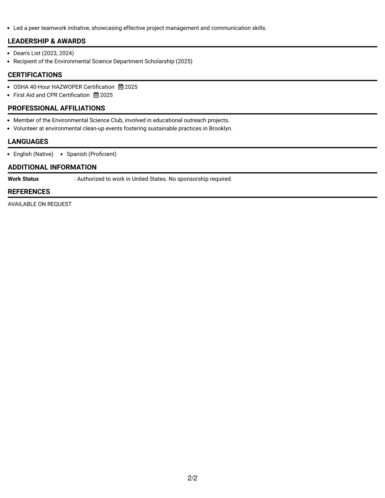 Resume Example Page 2