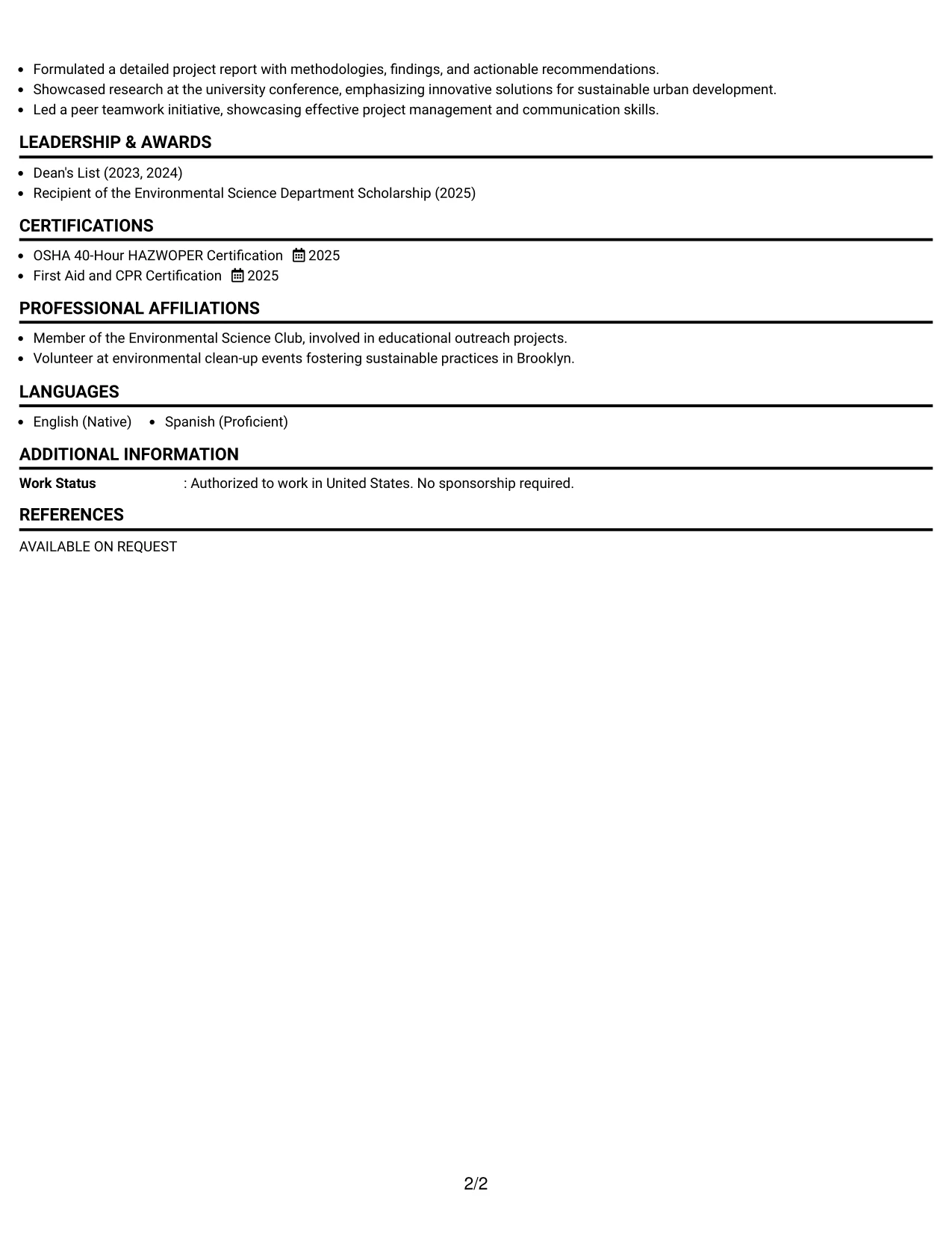 Resume Example Page 2