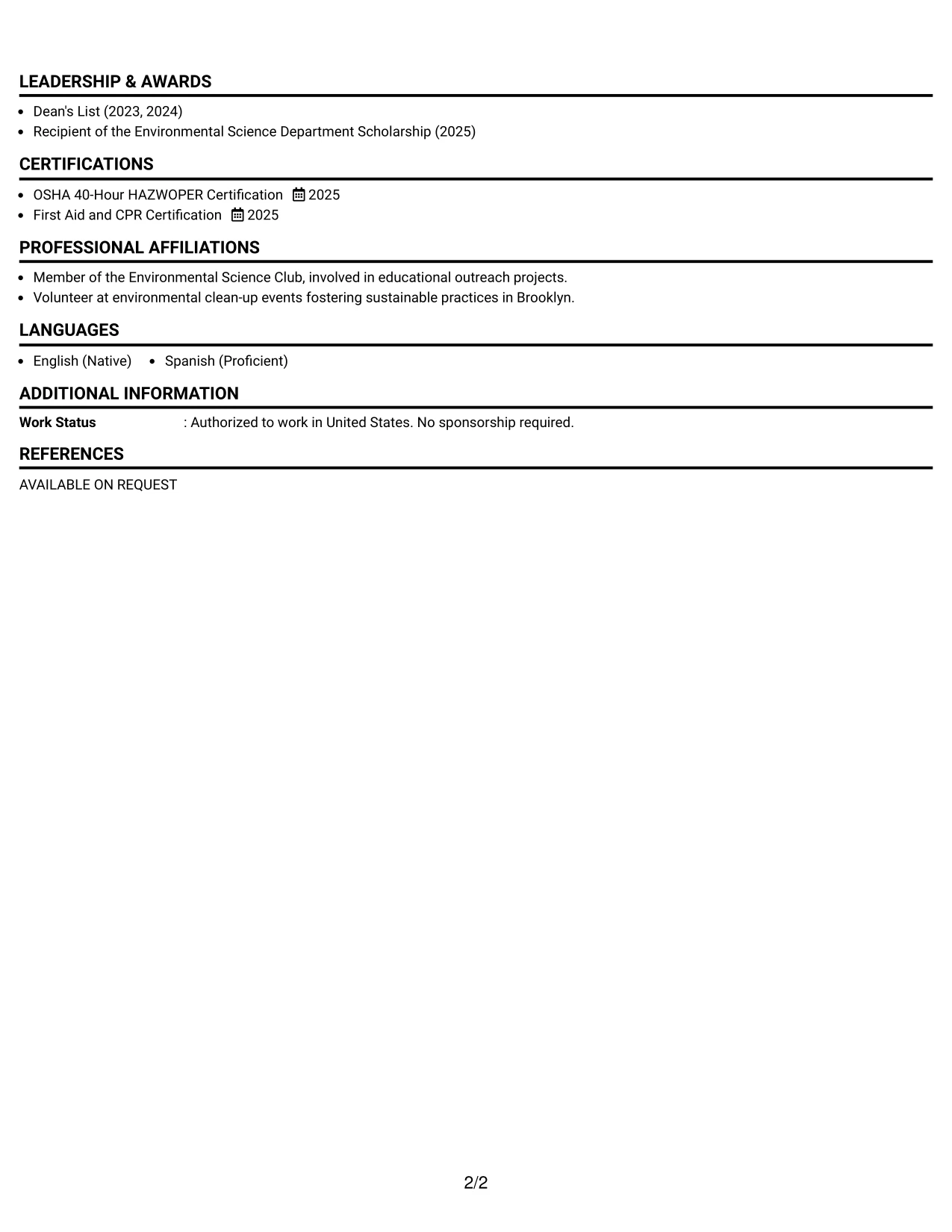 Resume Example Page 2