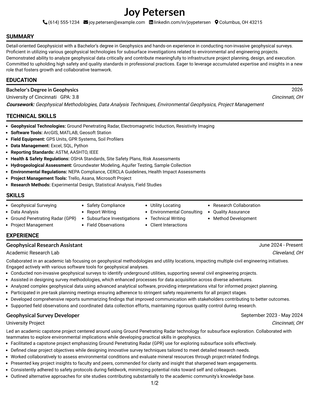 Resume Example Page 1