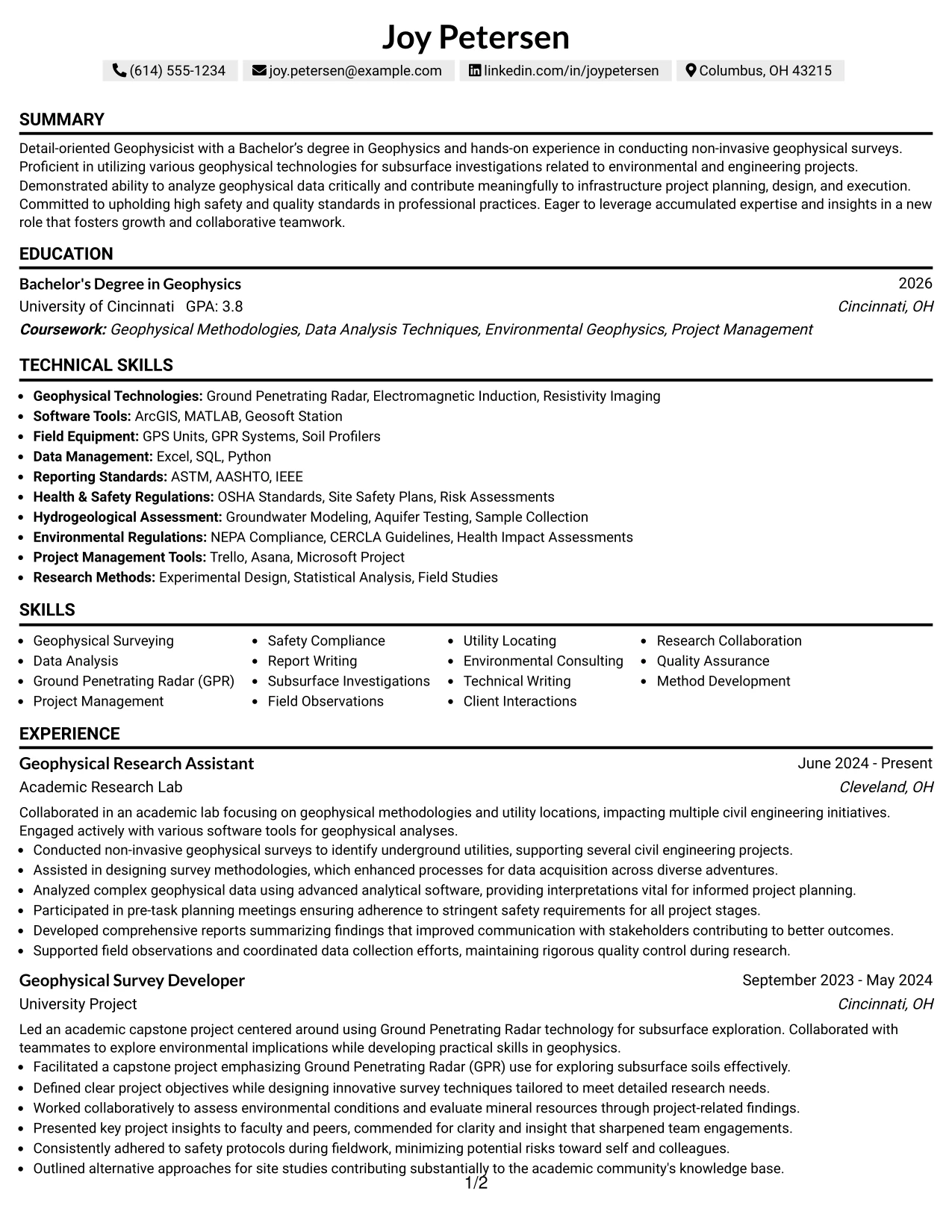 Resume Example Page 1