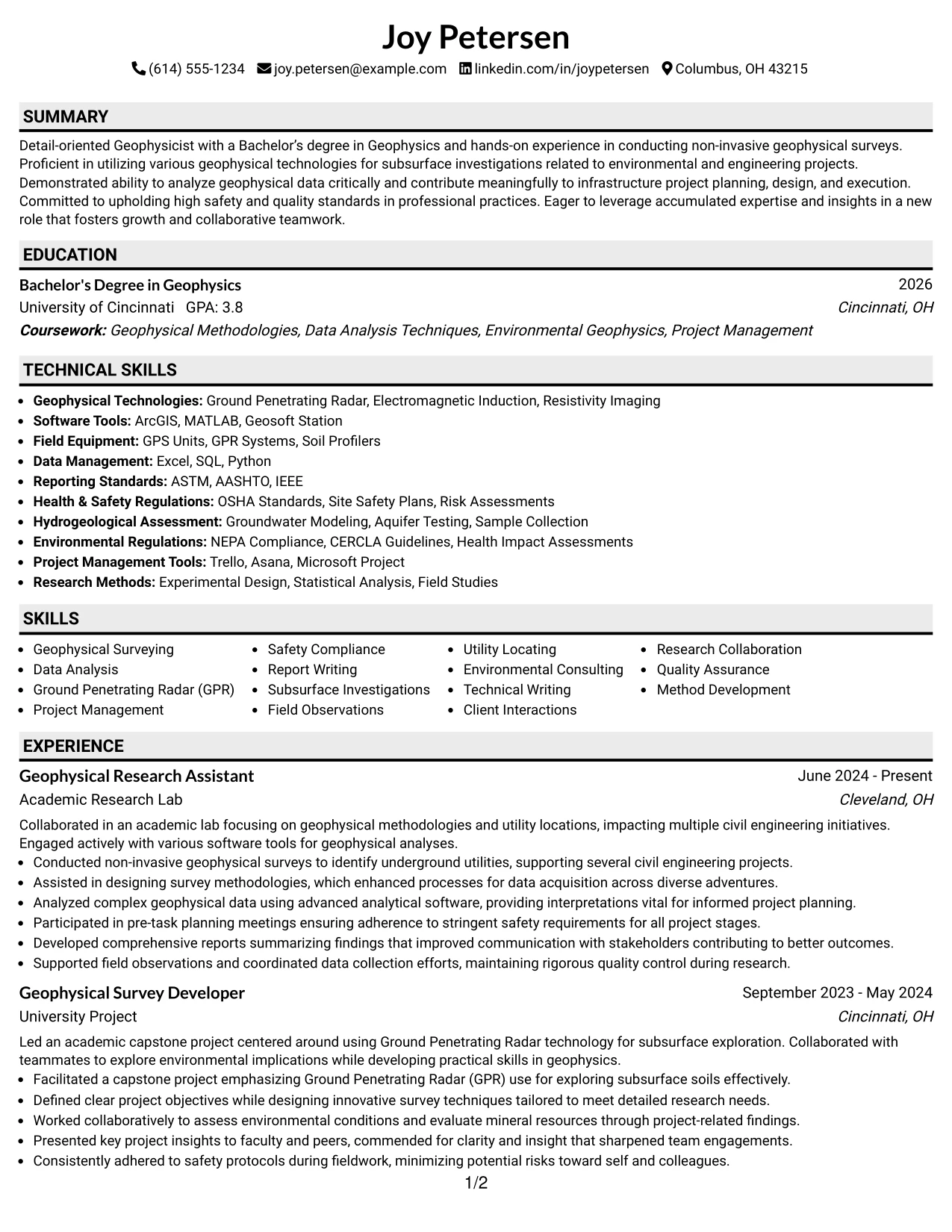 Resume Example Page 1
