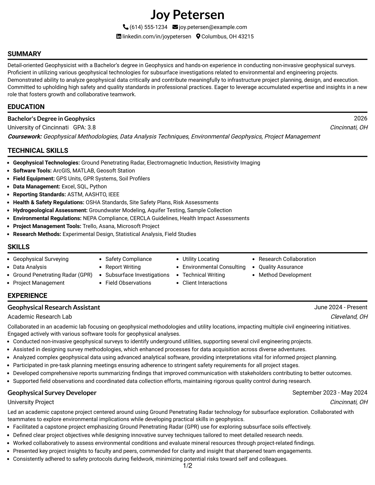 Resume Example Page 1