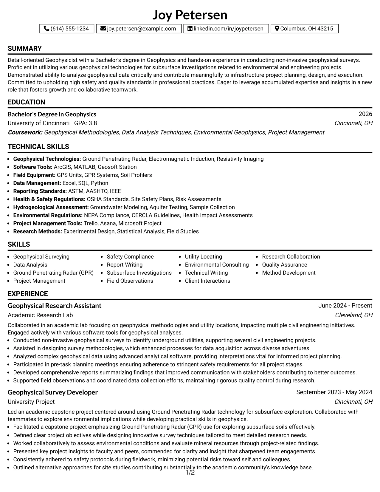 Resume Example Page 1