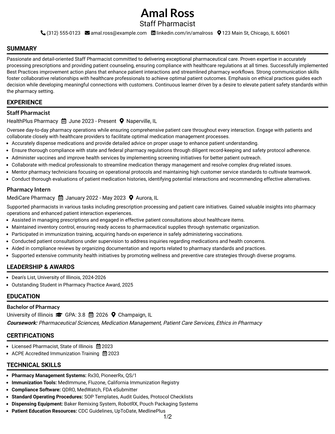 Resume Example Page 1