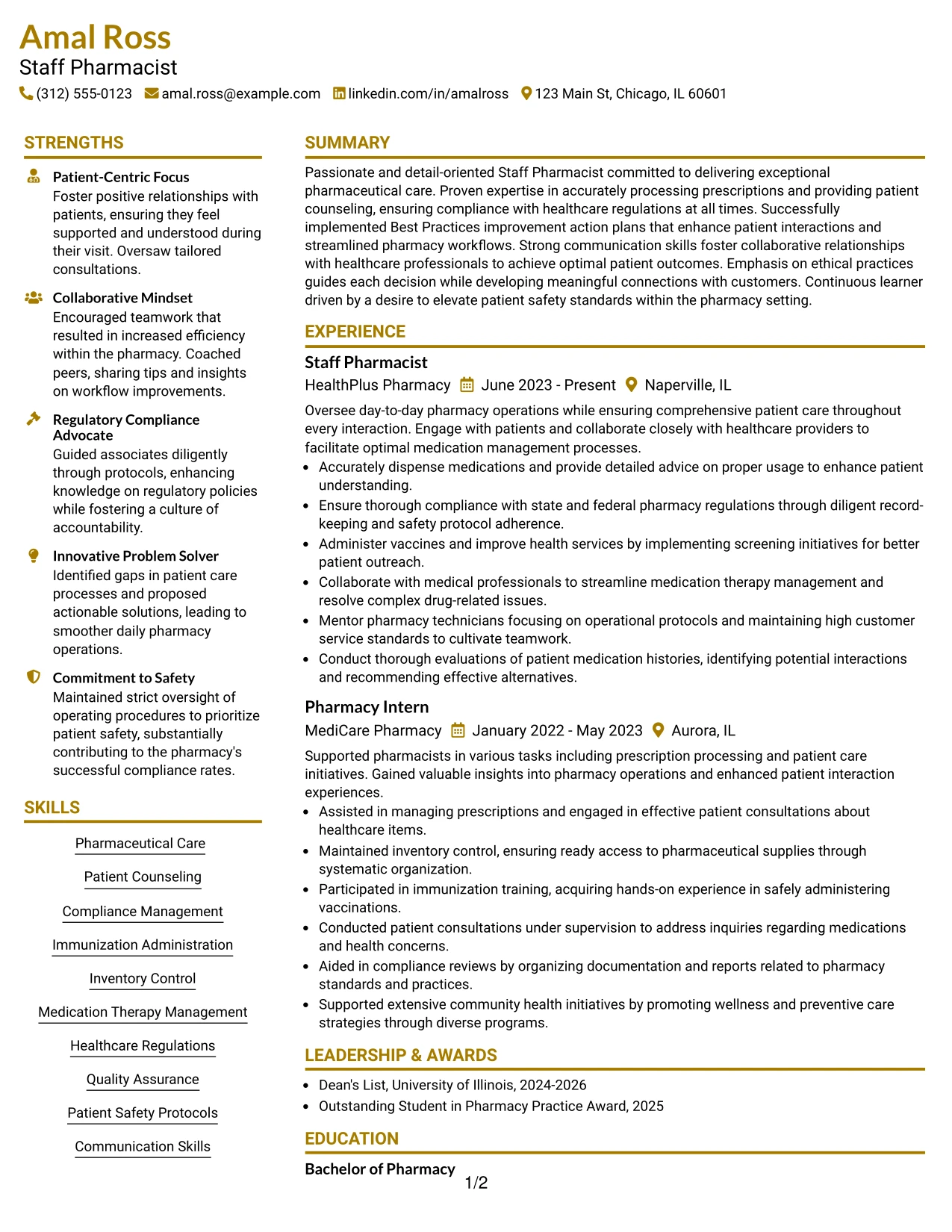 Resume Example Page 1