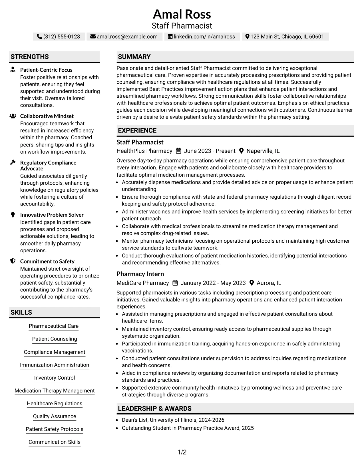 Resume Example Page 1