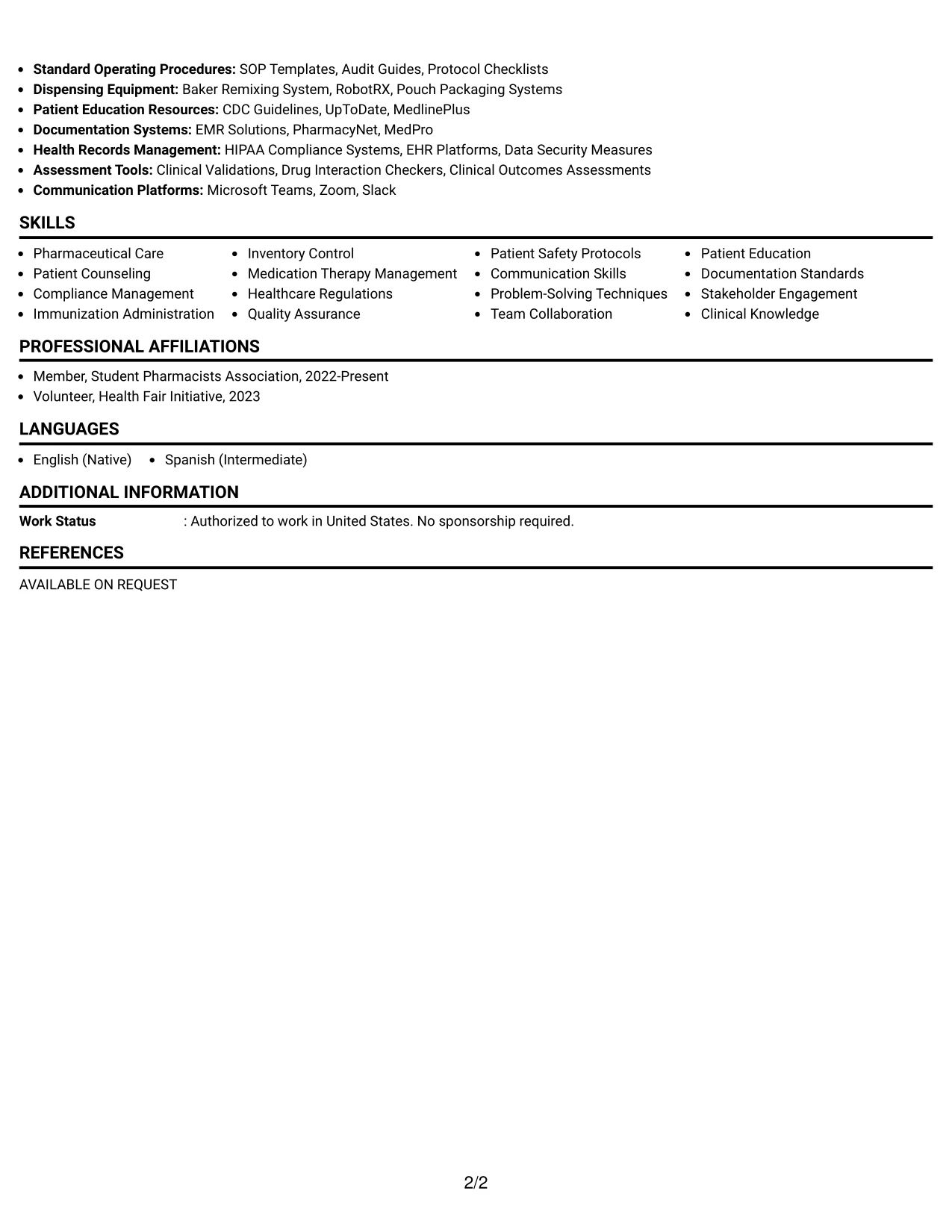 Resume Example Page 2
