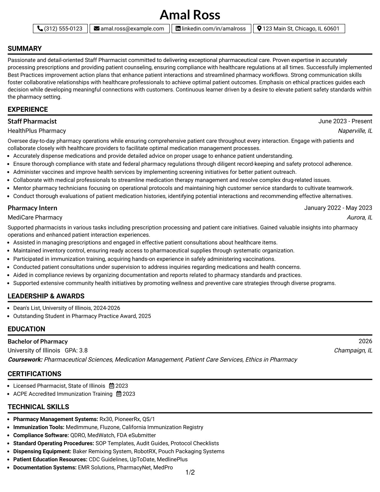 Resume Example Page 1