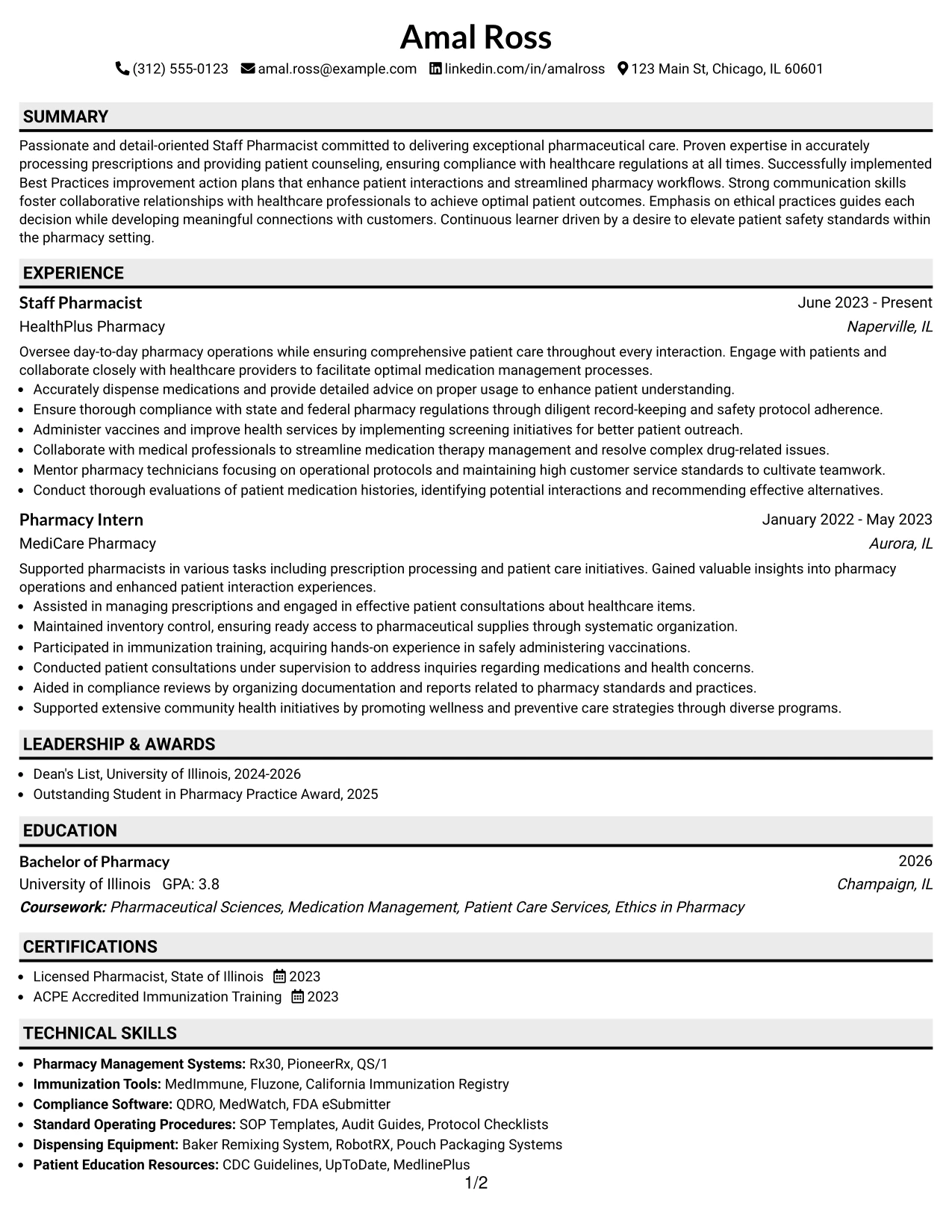 Resume Example Page 1