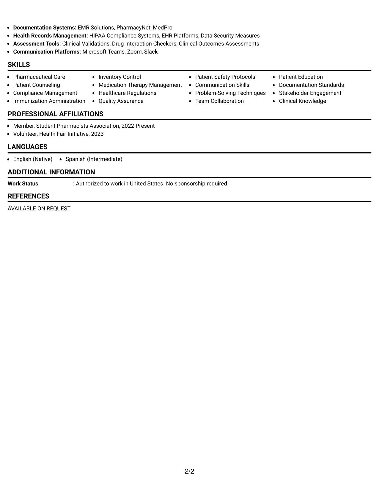 Resume Example Page 2
