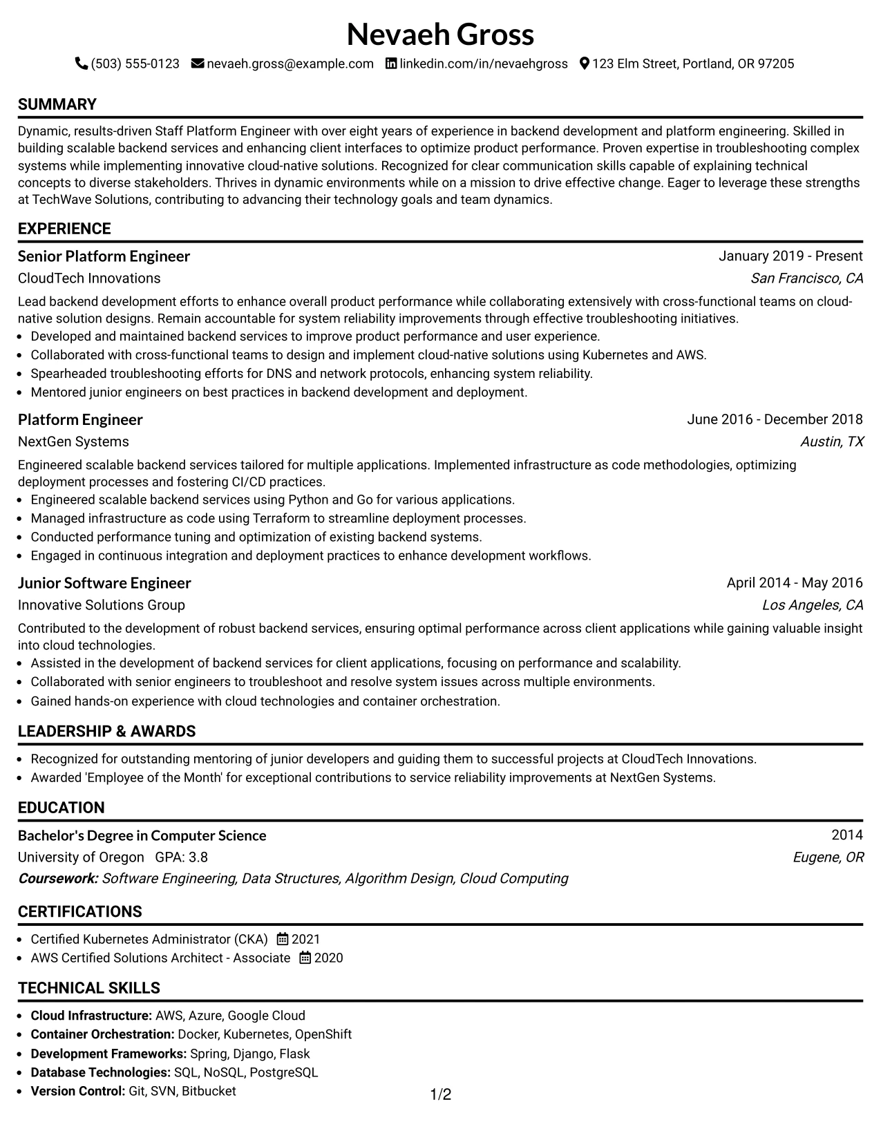 Resume Example Page 1