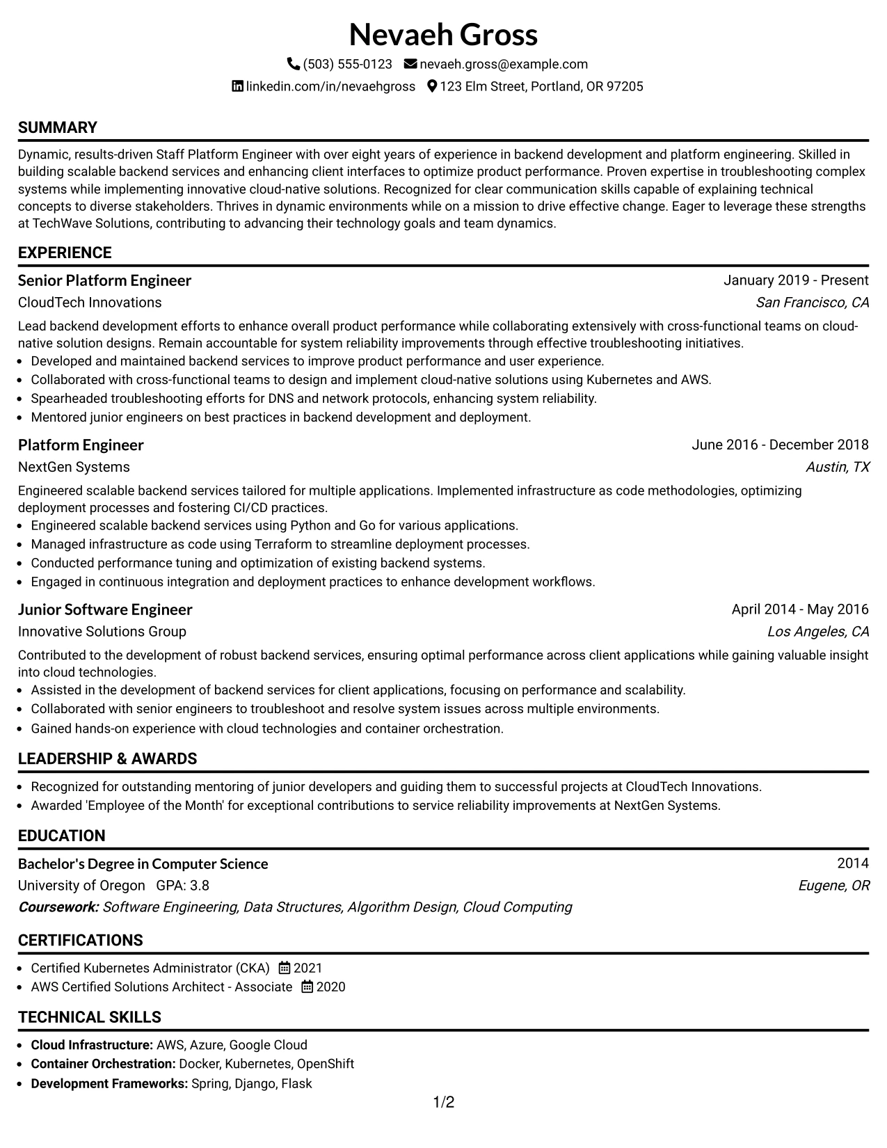 Resume Example Page 1
