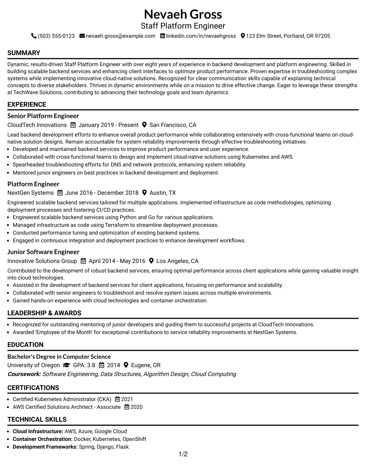 Resume Example Page 1