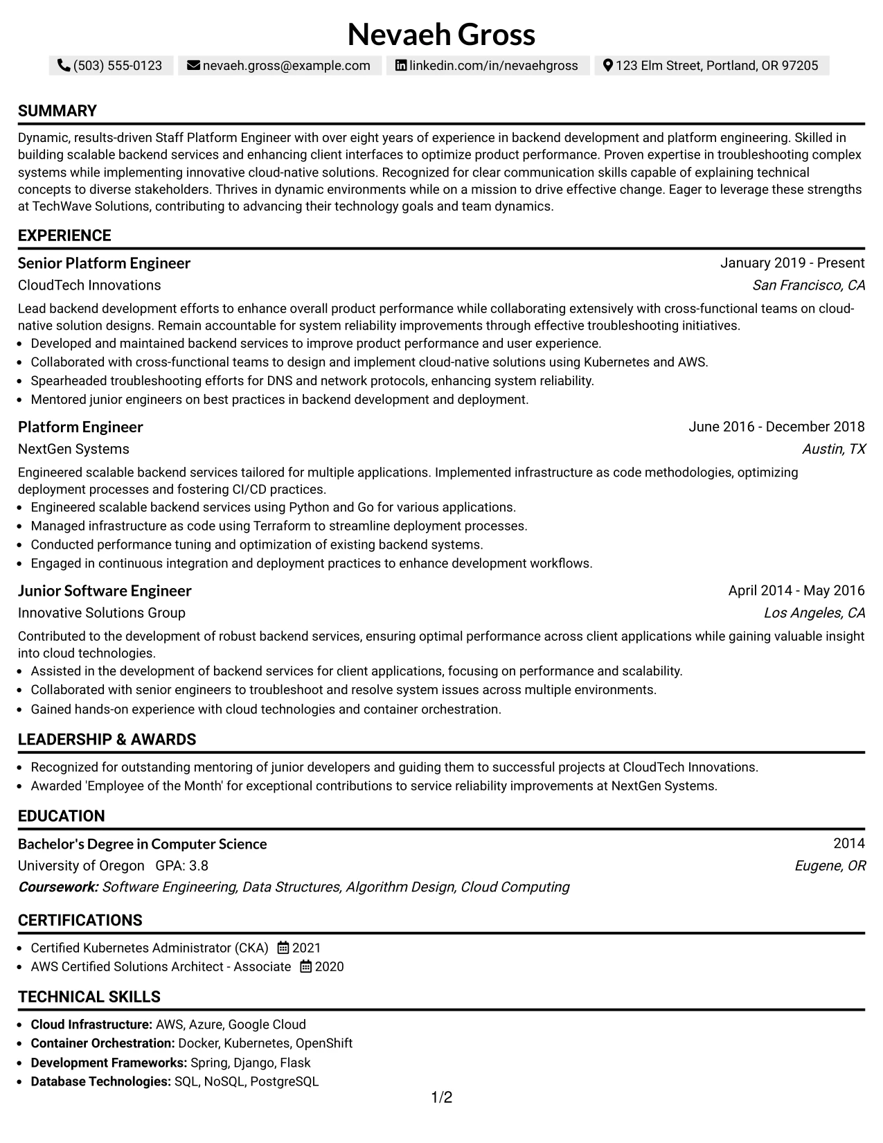 Resume Example Page 1