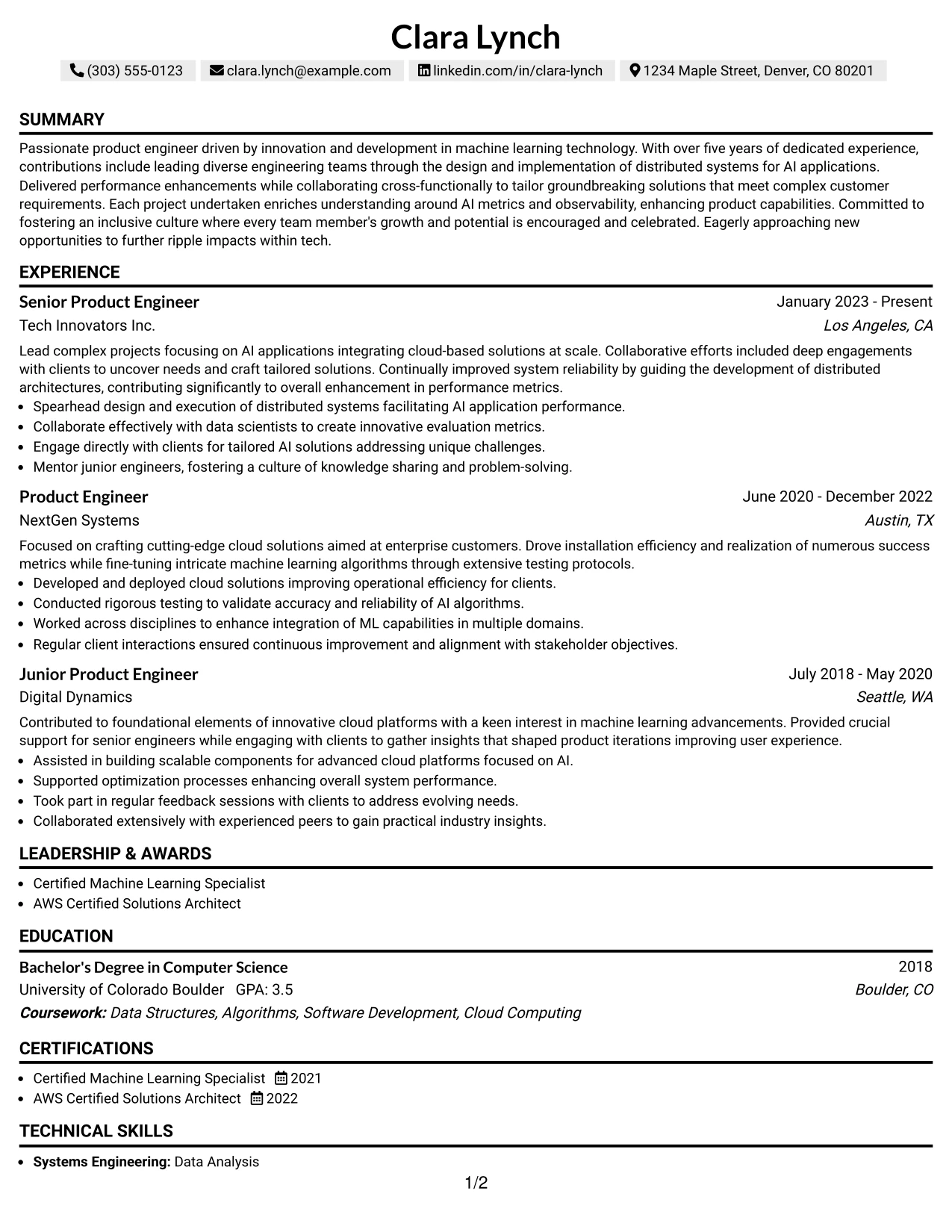 Resume Example Page 1