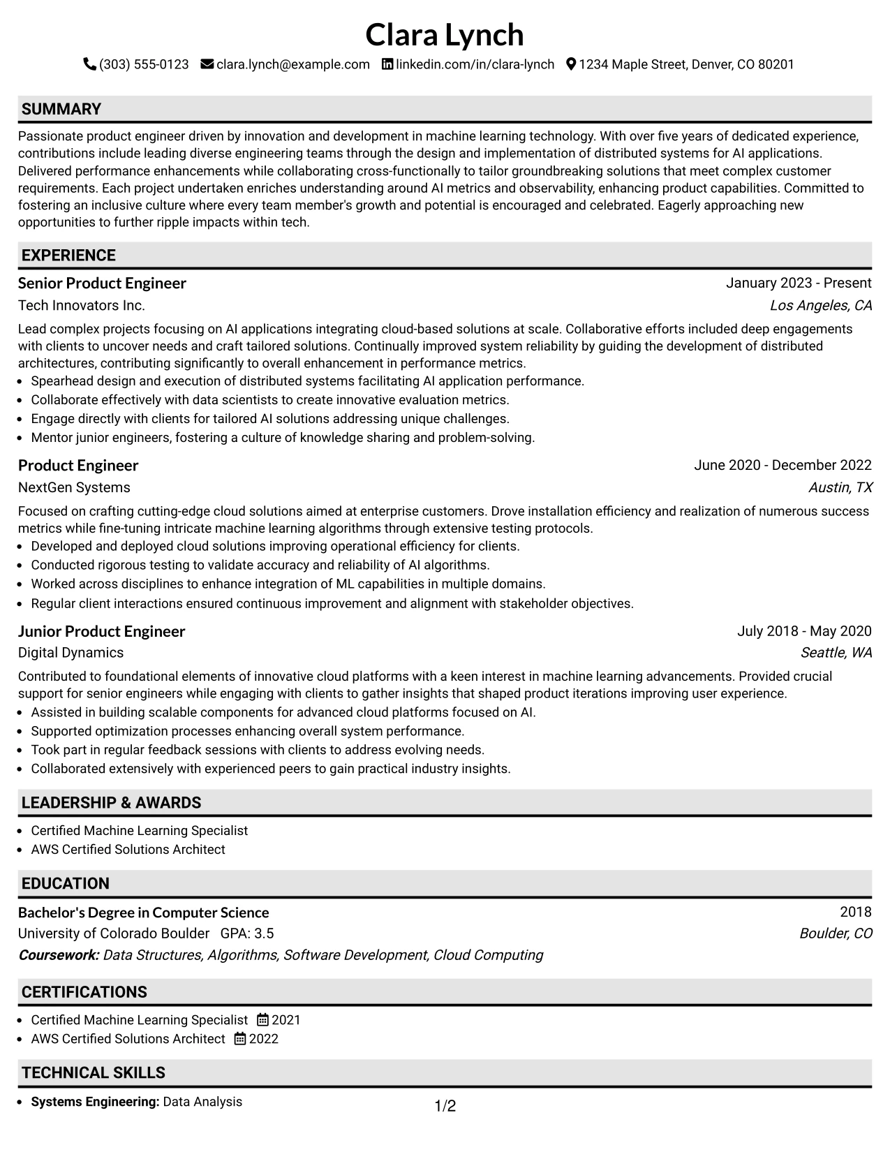 Resume Example Page 1