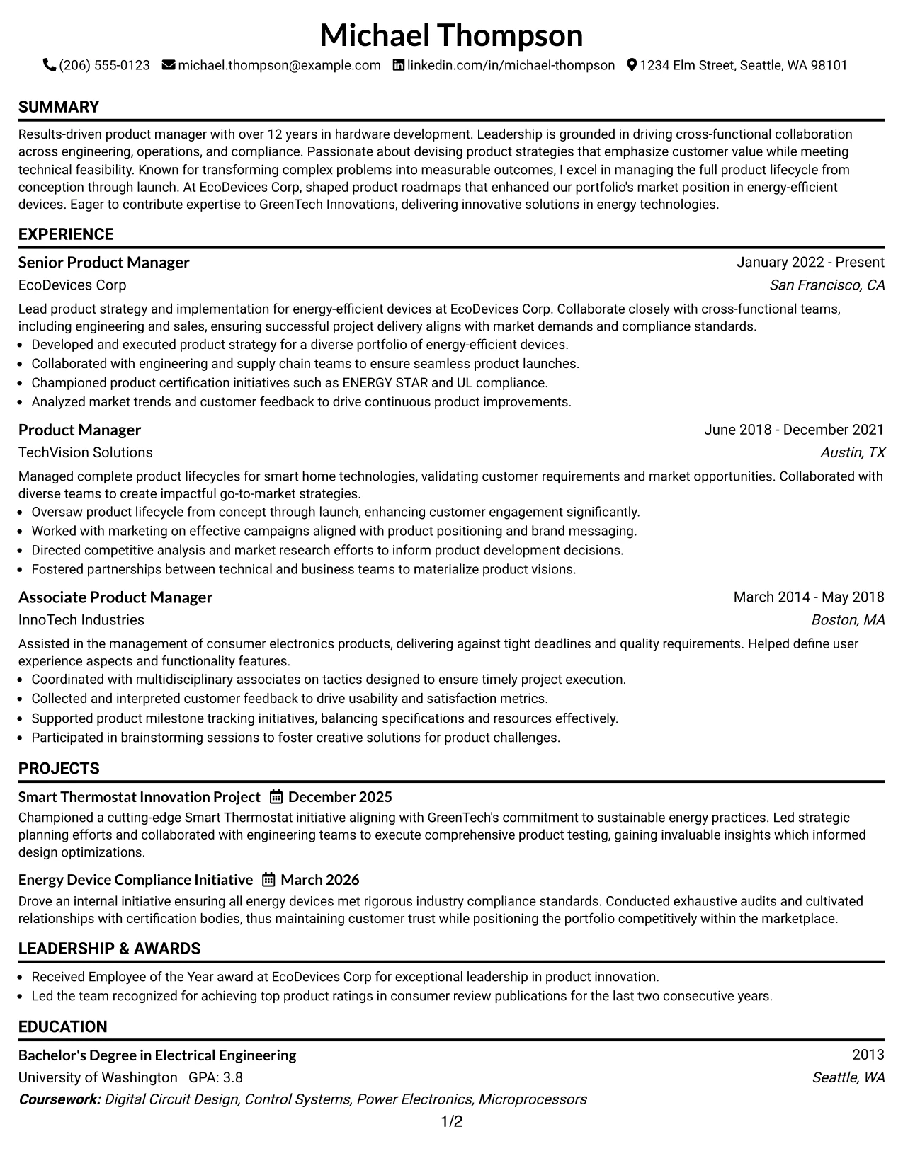 Resume Example Page 1