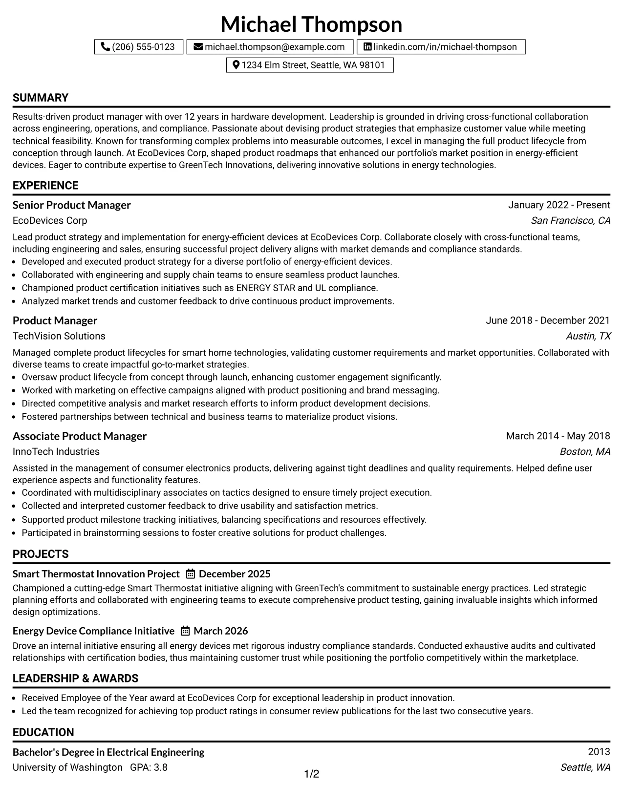 Resume Example Page 1