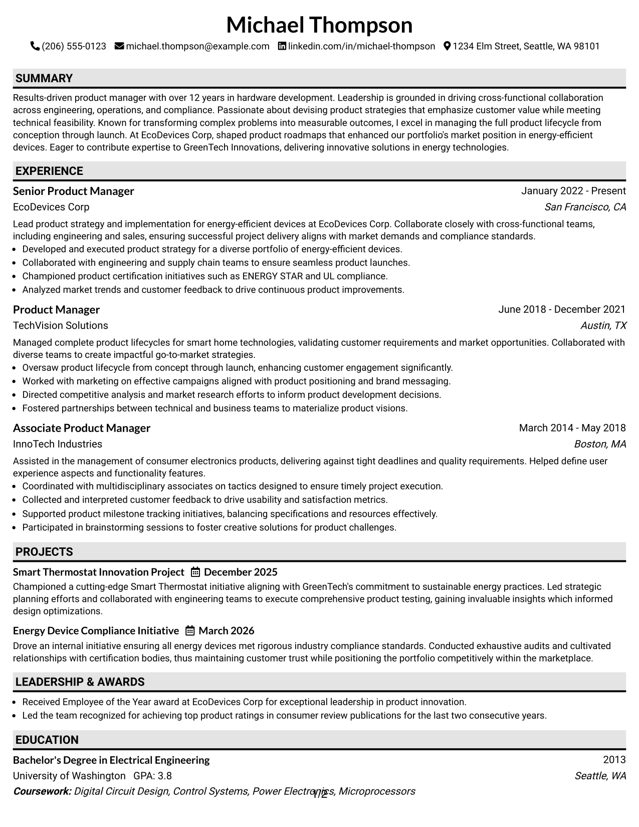 Resume Example Page 1
